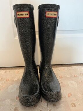 Hunter Black Glitter Tall Rain Boots with Red Logo